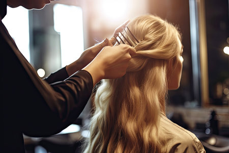Elegant Hair Sculpting: A Skilled Stylist's Delicate Touch. Generative AIの素材