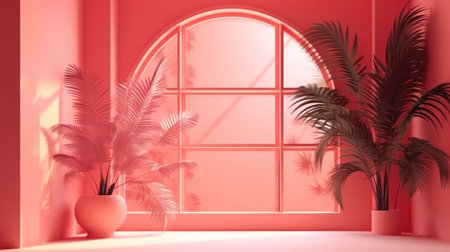 Pink Studio with Flowers and Palm Leaves. Generative AIの素材