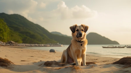 Tranquil Canine Basking in Beach. Generative AIの素材