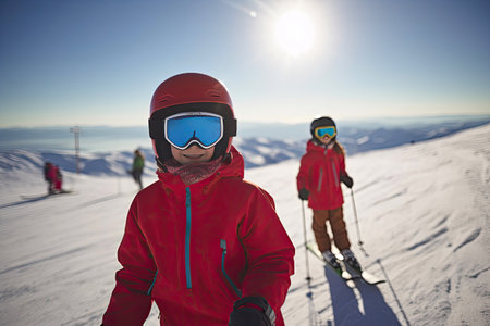 Thrilling Winter Adventures: Boy and Girl Skiing under Clear Skies. Generative AIの素材