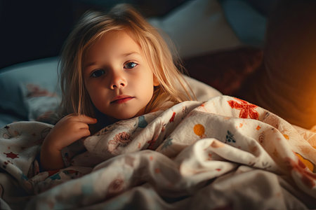 Tranquil sleep of a little girl resting in bed. Generative AIの素材