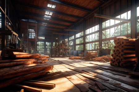 Wood Factory Operating in a Metal Industrial Structure. Generative AIの素材