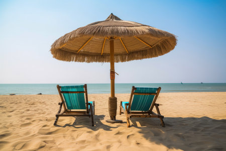 A Closeup of Wooden Chairs and Umbrella in Paradise. Generative AIの素材