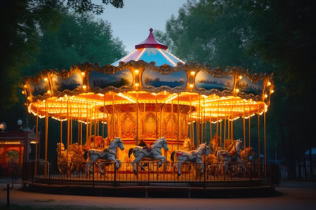 Vibrantly Lit Carousel at an Empty Amusement Park. Generative AIの素材