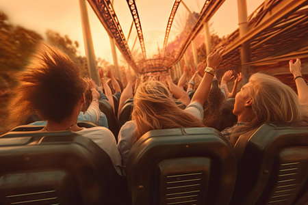 Youngsters Delighting in Roller Coaster Adventure. Generative AIの素材