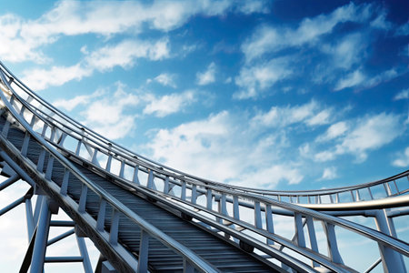 Up-Close Rollercoaster Track against Clear Sky. Generative AIの素材