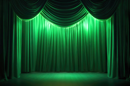 Enchanting Theater Stage with Green Curtains and Spotlight. Generative AIの素材