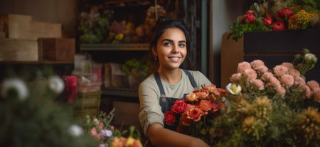 Latin Hispanic Florist Poses with Vibrant Floral Arrangement. Generative AIの素材