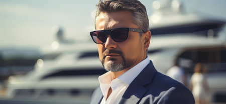 Businessman Surrounded by Yachts. Generative AIの素材