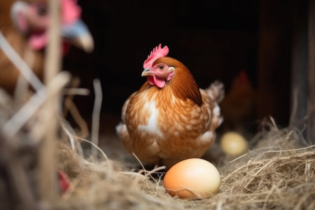 Productive chickens at a bio farm chicken coop. Generative AIの素材