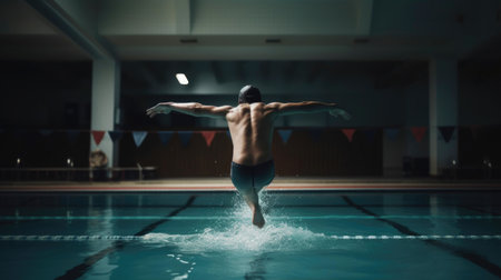 Bottom view of swimmer jumping into competition swimming pool. Generative AIの素材