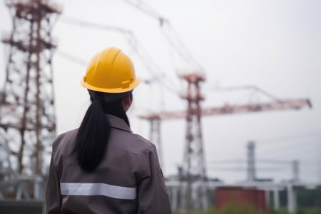 Observant Woman Engineer at Electric Power Station. Generative AIの素材