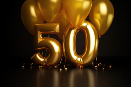 Gold balloons number 50th anniversary, happy birthday congratulations. Generative AIの素材