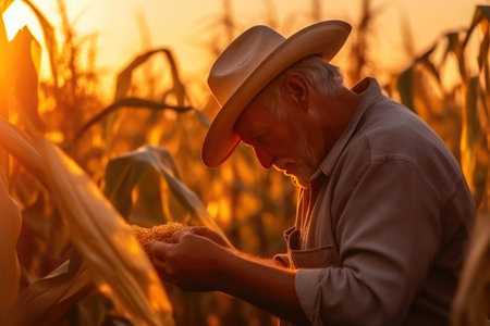 Golden Harvest: A Farmer's Evening Inspection. Generative AIの素材