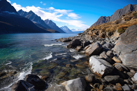 Mountain blue river stream water landscape in rocky nature. Generative AIの素材