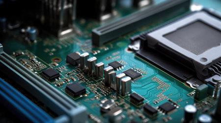 Technological Nexus: An Intimate View of a Computer Motherboard. Generative AIの素材