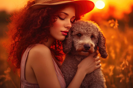 Happy Woman and Curly-Haired Dog Enjoying the Park. Generative AIの素材