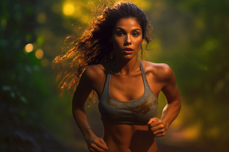 Active Female Jogging Through the Woodlands. Generative AIの素材