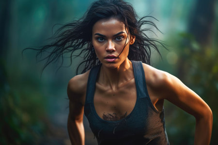 Woman Running in Forest Paradise. Generative AIの素材