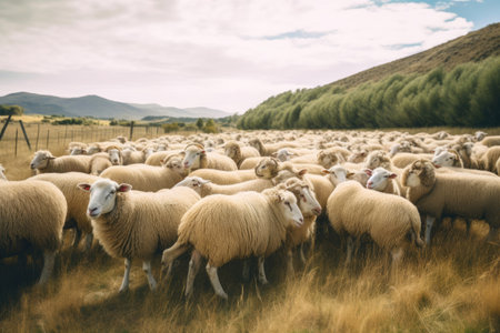 Idyllic Countryside with a Sea of Sheep. Generative AIの素材