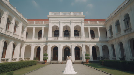 Elegant Bride Poses Gracefully Before a Grand Structureの素材