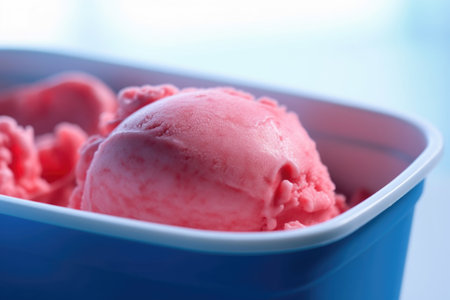 Delicious Strawberry Sorbet Served in a Vibrant Blue Tubの素材