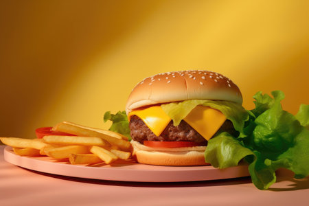 Gourmet Burger with Fresh Veggies and Fries on a Neutral Yellow Plateの素材
