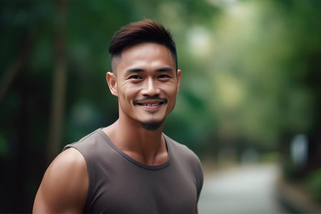 Athletic Filipino man enjoying a jog in the sunlit parkの素材