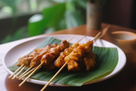 Mouthwatering Satay Skewers on a Banana Leafの素材