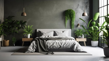 Contemporary Gray Bedroom Oasis Adorned with Green Plantsの素材