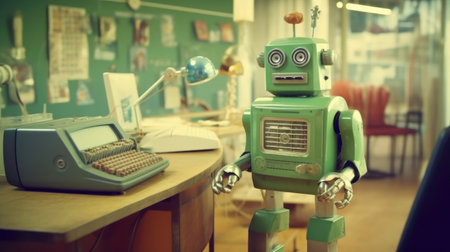 Retro Robot Working with Old Computersの素材