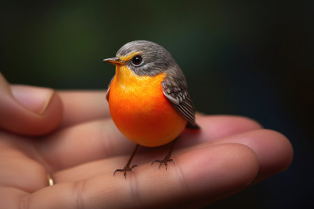 Tiny Orange Bird Perched on Handの素材
