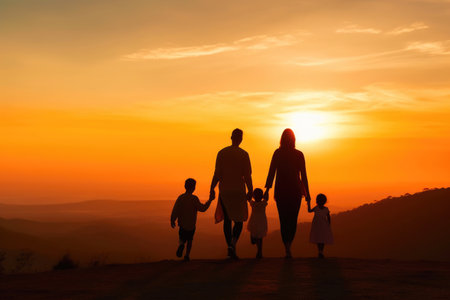 Silhouette of Parents and Kids Walking at Sunsetの素材