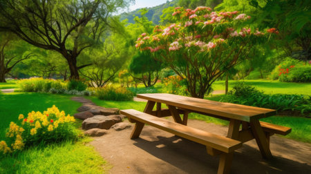 Picnic Table among Vibrant Flowers and Greeneryの素材