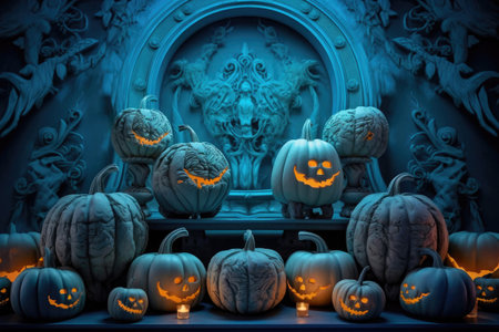 Pastel Blue Studio Podium with Glistening Halloween Decorの素材