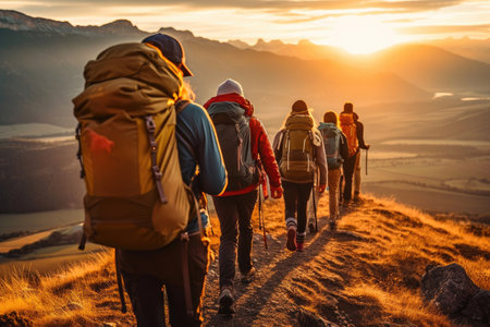 Group Trekking in Mountain Backdropの素材