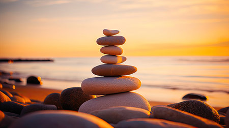Stack of pebbles stones on the beach in the sunrise morningの素材