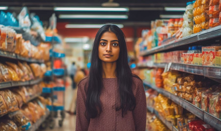 Young Indian Woman Shopping for Groceries in Urban Supermarketの素材