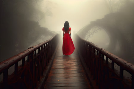 Woman in Red Dress on Ancient Bridgeの素材