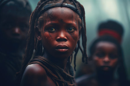 Moody Close-Up of an African Tribe Hunter Familyの素材