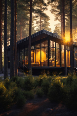 Enigmatic Sunset: Black-Themed Forest Dwellingの素材