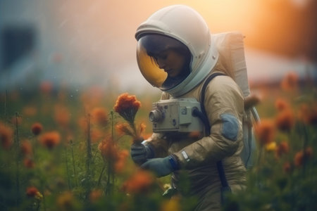 Celestial Botany: Astronaut Engaging with Ethereal Floraの素材