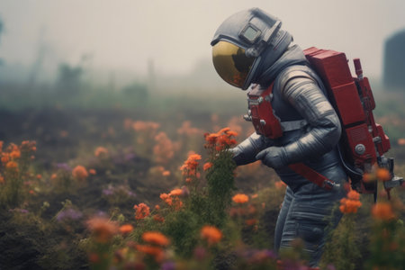 Exploration Among Petals: Astronaut in a Misty Meadowの素材