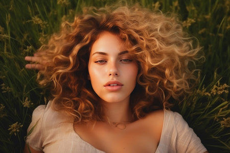 Curly Blonde Hair on Verdant Grassの素材