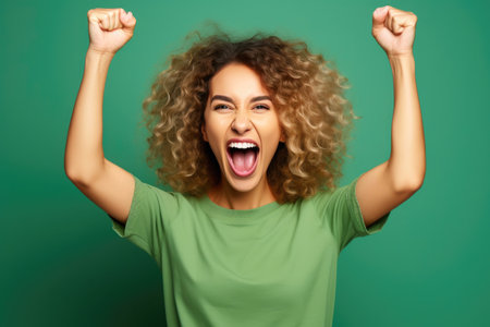 Excited Lady Celebrates Winning Jackpot with a Roaring Cheerの素材