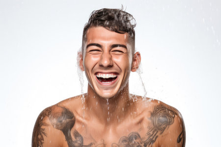 Tattooed Hunk Radiating Joy on Whiteの素材