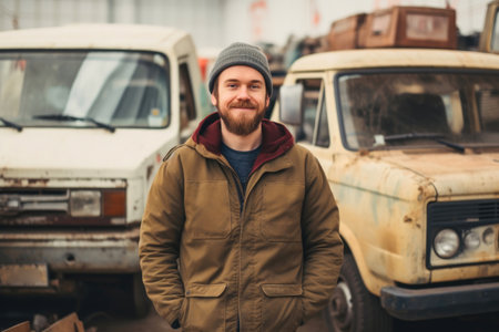 Portrait of a collector on the background of a vanの素材