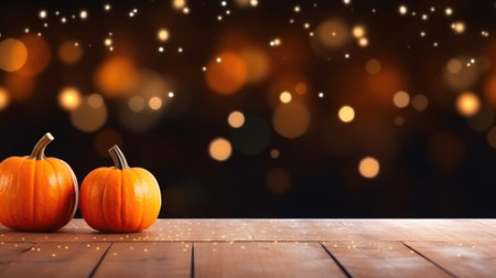 Wooden Table with Atmospheric Halloween Backgroundの素材