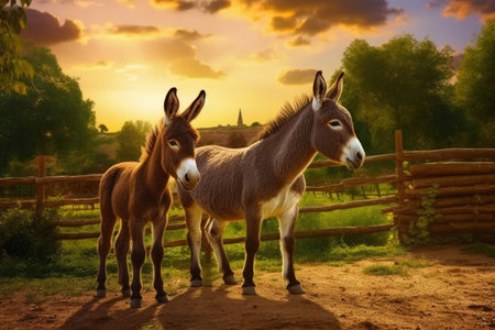 Rural Charm: Donkey and Foal in Idyllic Farm Settingの素材