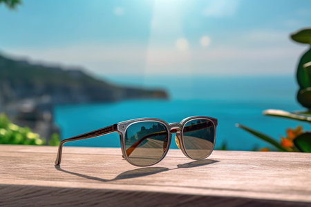 Sunglasses Laid Out on a Scenic Terraceの素材